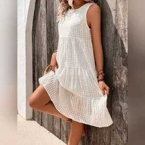 New Flowy Gingham Sleeveless Tiered Ruffle Smock Dress White